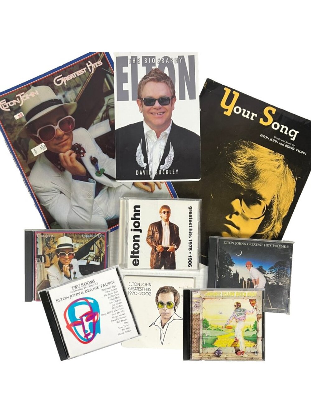 Elton John Greatest Hits CDs + Vtg Songbook + Your Song Sheet Music + Bio Book